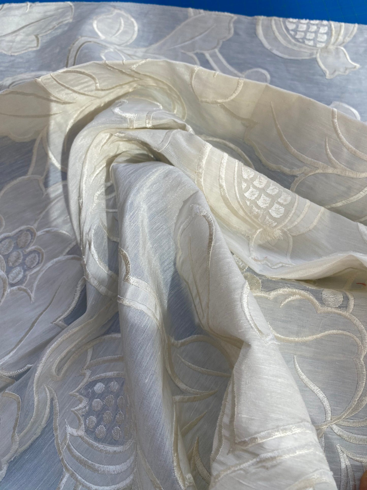 4 Berkbox76 Square Embroidery by Fonthill Granada Ivory White Peony Pomegranate Embroidery Linen Sheer MSRP USD 230y