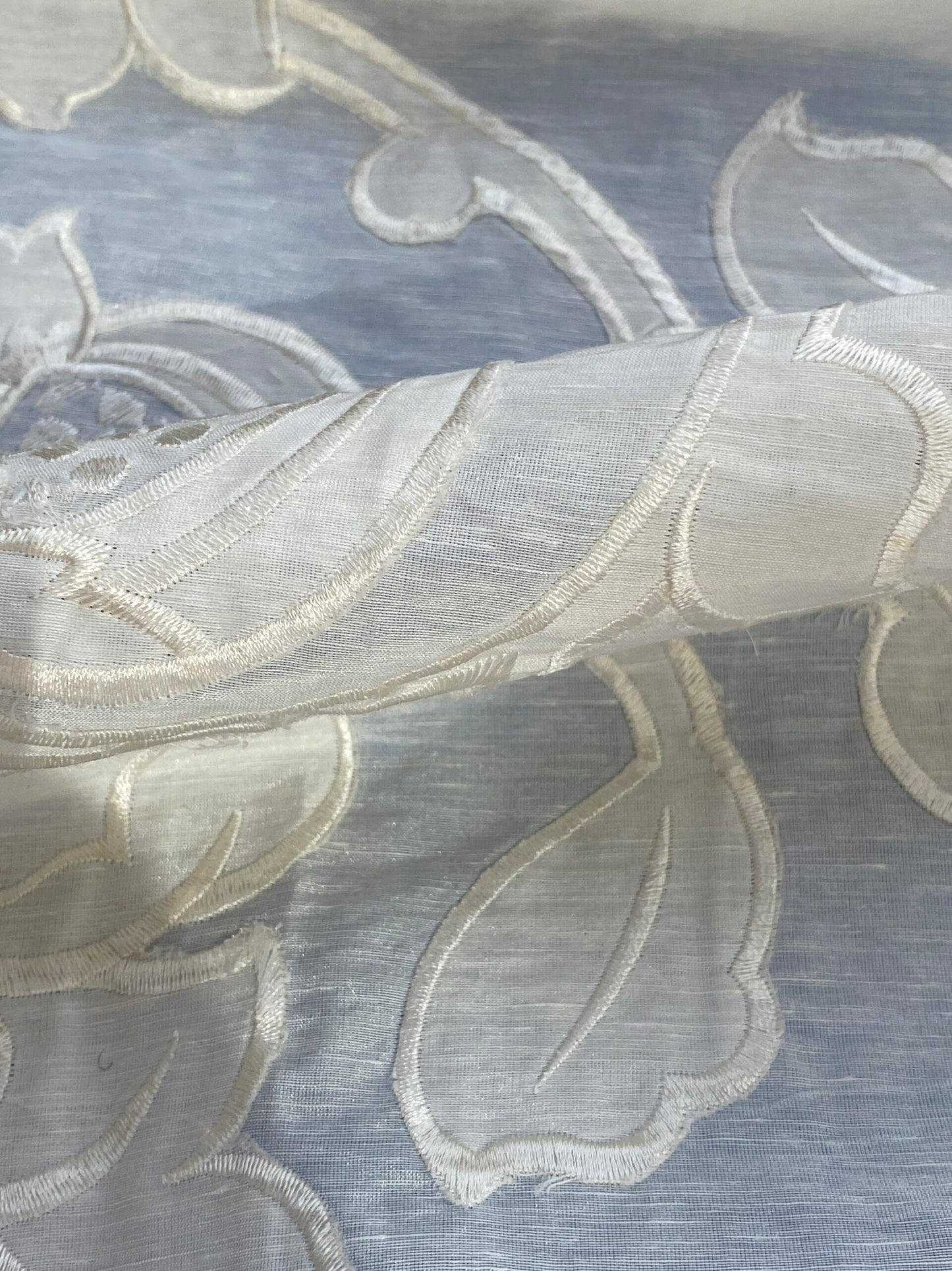 5 Berkbox76 Square Embroidery by Fonthill Granada Ivory White Peony Pomegranate Embroidery Linen Sheer MSRP USD 230y