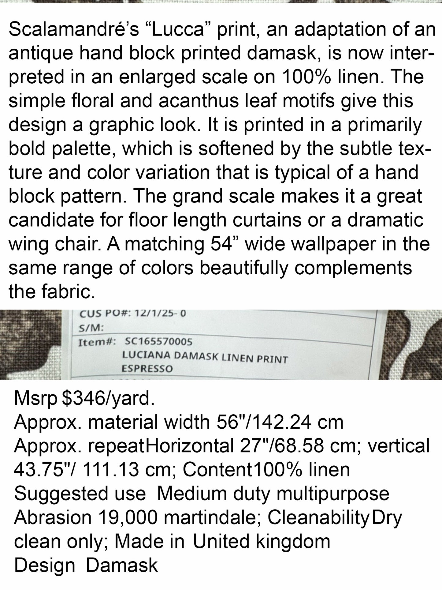 Scalamandre Luciana Damask Linen Print  Espresso Brown White Damask Print Gray MSRP USD 346/Y