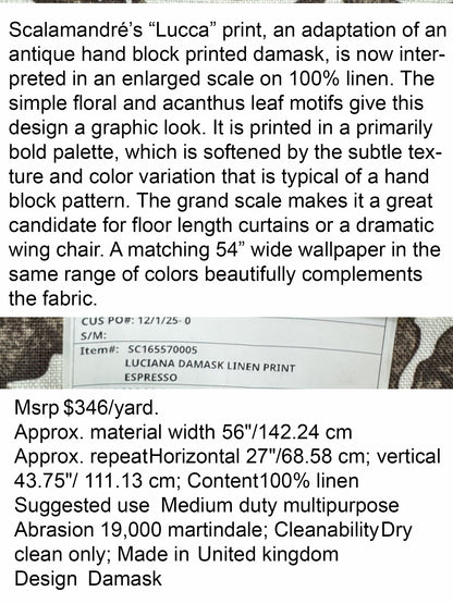 Scalamandre Luciana Damask Linen Print  Espresso Brown White Damask Print Gray MSRP USD 346/Y