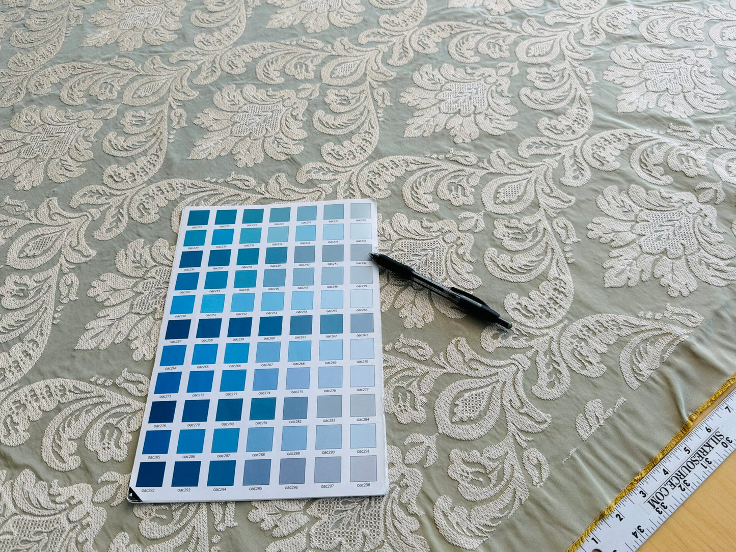 Lovelace Silk Faille Embroidery French Blue Taupe MSRP USD 413