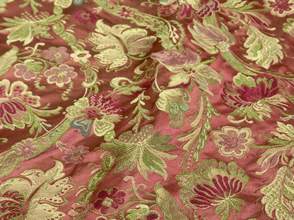 Fairy Tale Garden 100% Silk Lampas Floral Historical William Morris Red Pink Gold Green Blue Rainbow -By The Yard