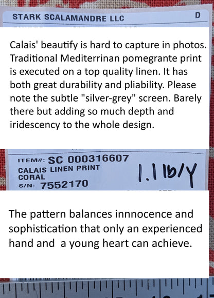 Scalamandre  CALAIS LINEN PRINT in Coral Pink Red Mediterrinan Pomegranite Block Print Heavy Linen MSRP USD300+/y