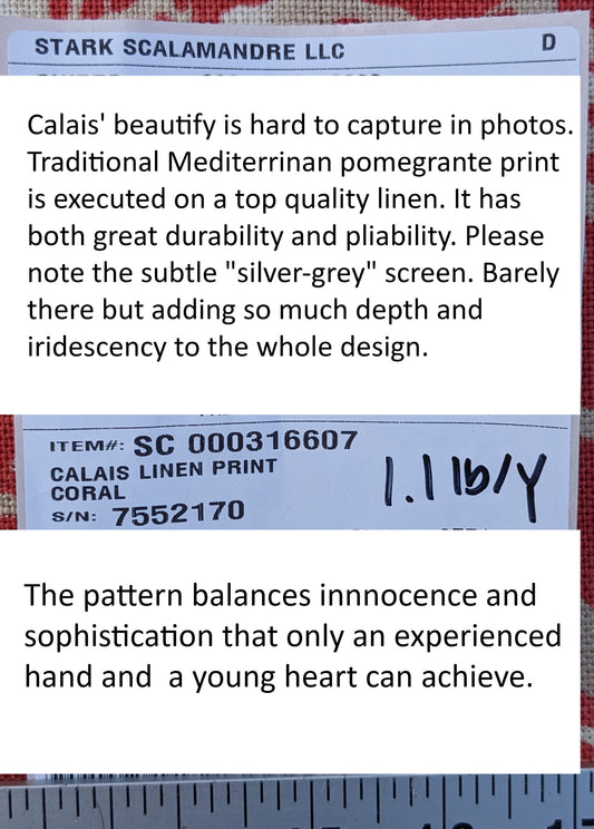 Scalamandre  CALAIS LINEN PRINT in Coral Pink Red Mediterrinan Pomegranite Block Print Heavy Linen MSRP USD300+/y