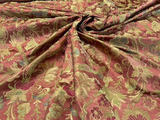 Fairy Tale Garden 100% Silk Lampas Floral Historical William Morris Red Pink Gold Green Blue Rainbow -By The Yard