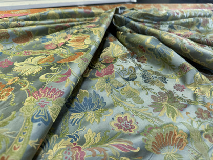 Fairy Tale Garden 100% Silk Lampas Floral Historical William Morris  Pale Blue Gold Green Red Orange Rainbow -By The Yard