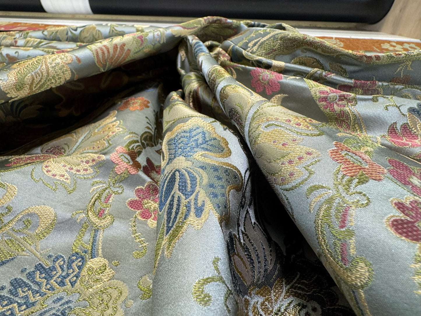 Fairy Tale Garden 100% Silk Lampas Floral Historical William Morris  Pale Blue Gold Green Red Orange Rainbow -By The Yard