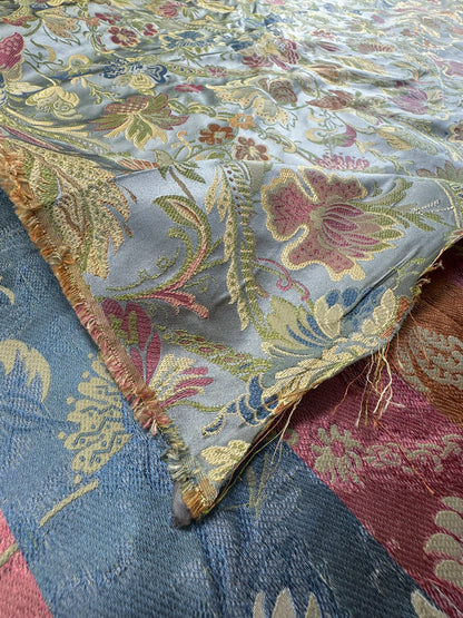 Fairy Tale Garden 100% Silk Lampas Floral Historical William Morris  Pale Blue Gold Green Red Orange Rainbow -By The Yard