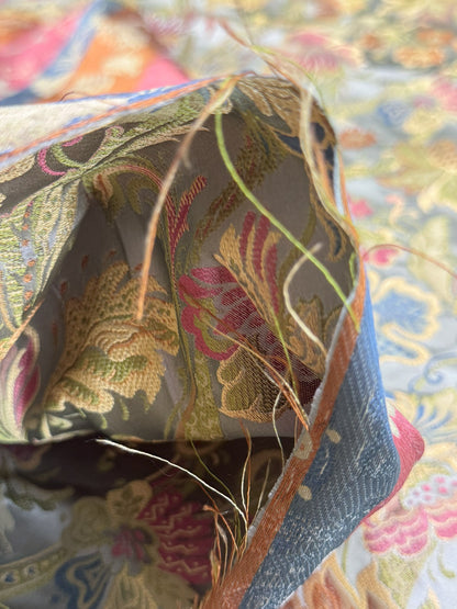 Fairy Tale Garden 100% Silk Lampas Floral Historical William Morris  Pale Blue Gold Green Red Orange Rainbow -By The Yard