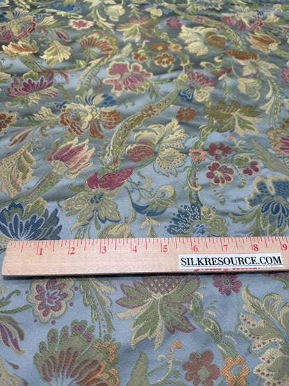 Fairy Tale Garden 100% Silk Lampas Floral Historical William Morris  Pale Blue Gold Green Red Orange Rainbow -By The Yard