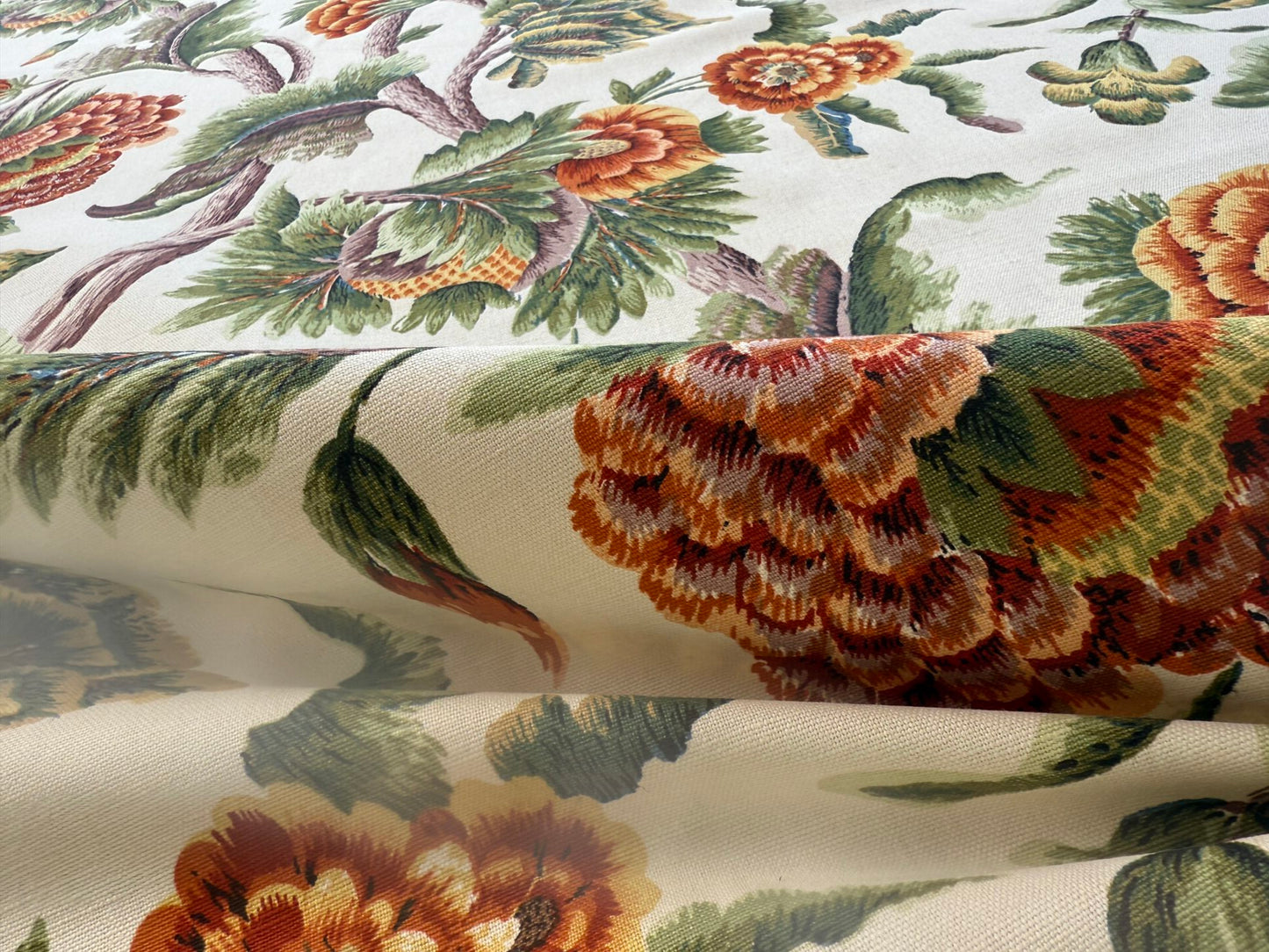 By yard Highlander Historical Chintz print Grand Jacobean Cantalope Orange Red Green Tree of Life Cotton Block Print Made in US MSRP USD298/y