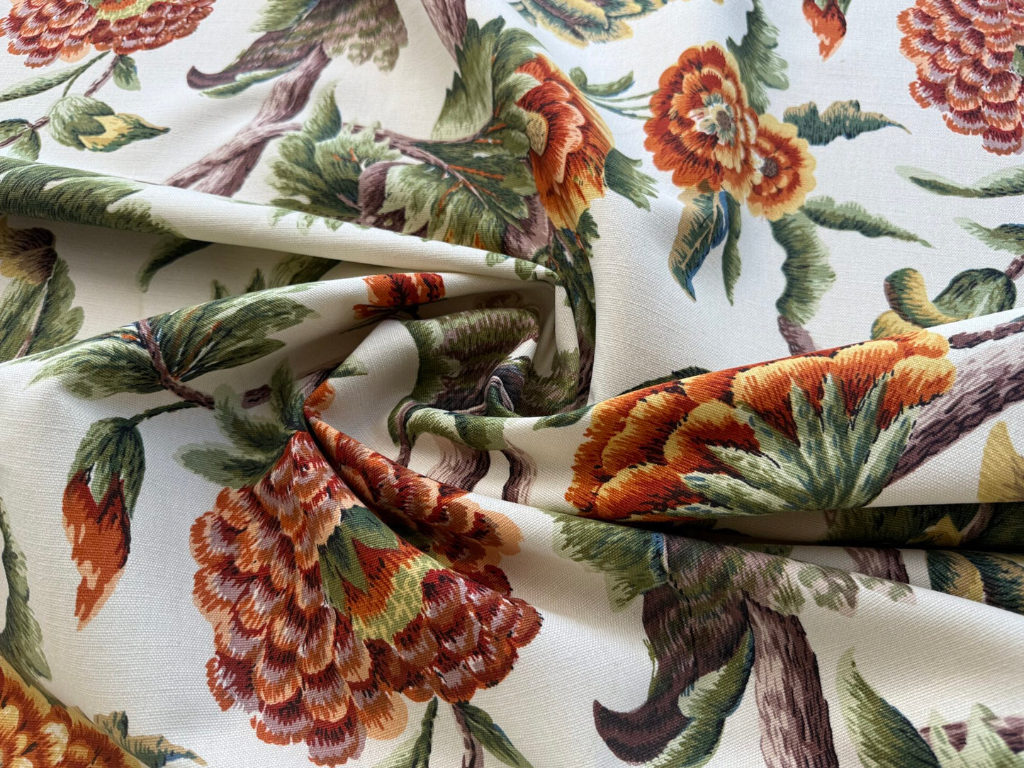 By yard Highlander Historical Chintz print Grand Jacobean Cantalope Orange Red Green Tree of Life Cotton Block Print Made in US MSRP USD298/y