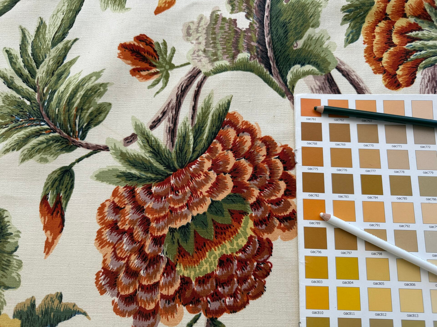 By yard Highlander Historical Chintz print Grand Jacobean Cantalope Orange Red Green Tree of Life Cotton Block Print Made in US MSRP USD298/y