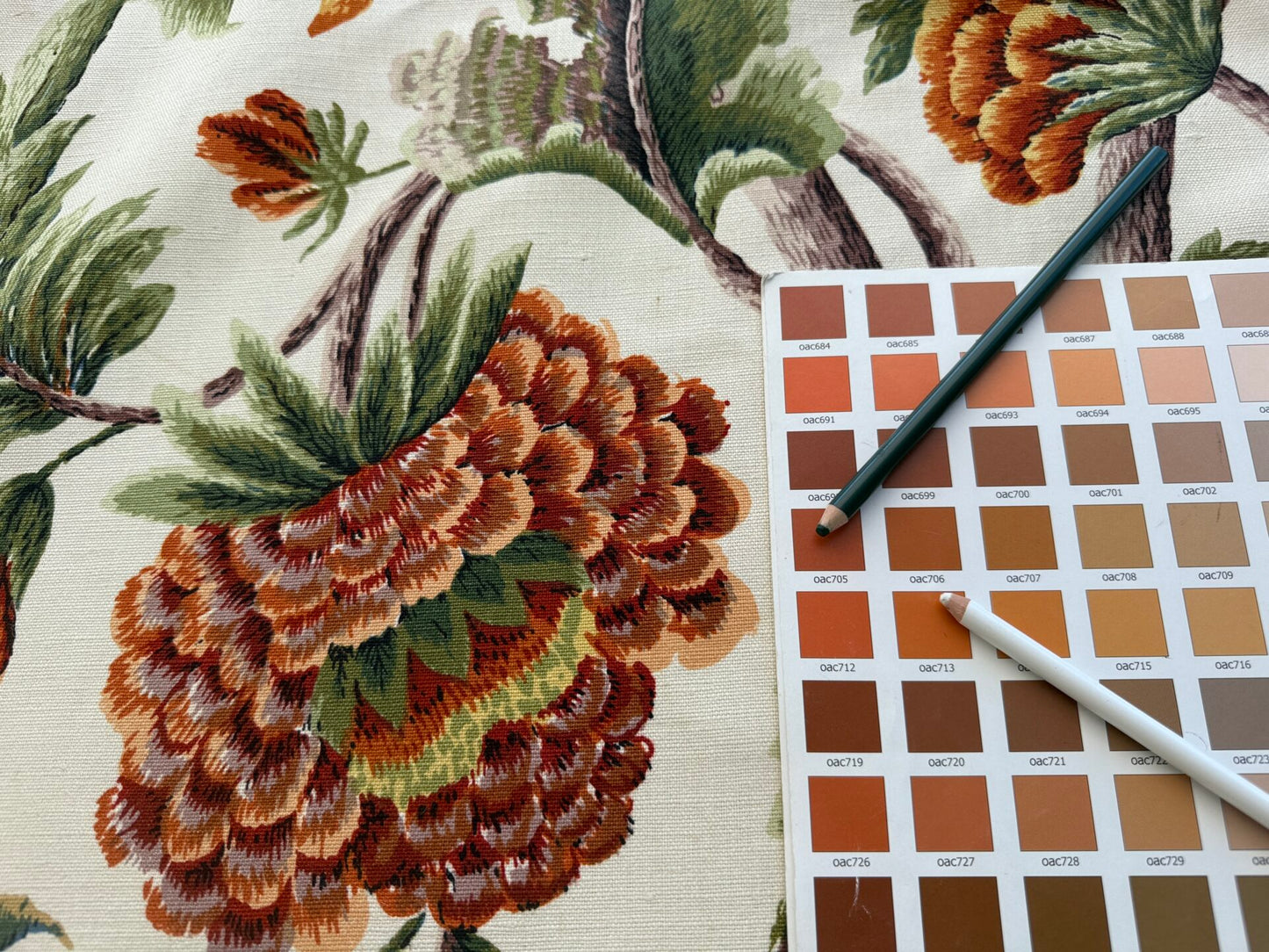 By yard Highlander Historical Chintz print Grand Jacobean Cantalope Orange Red Green Tree of Life Cotton Block Print Made in US MSRP USD298/y