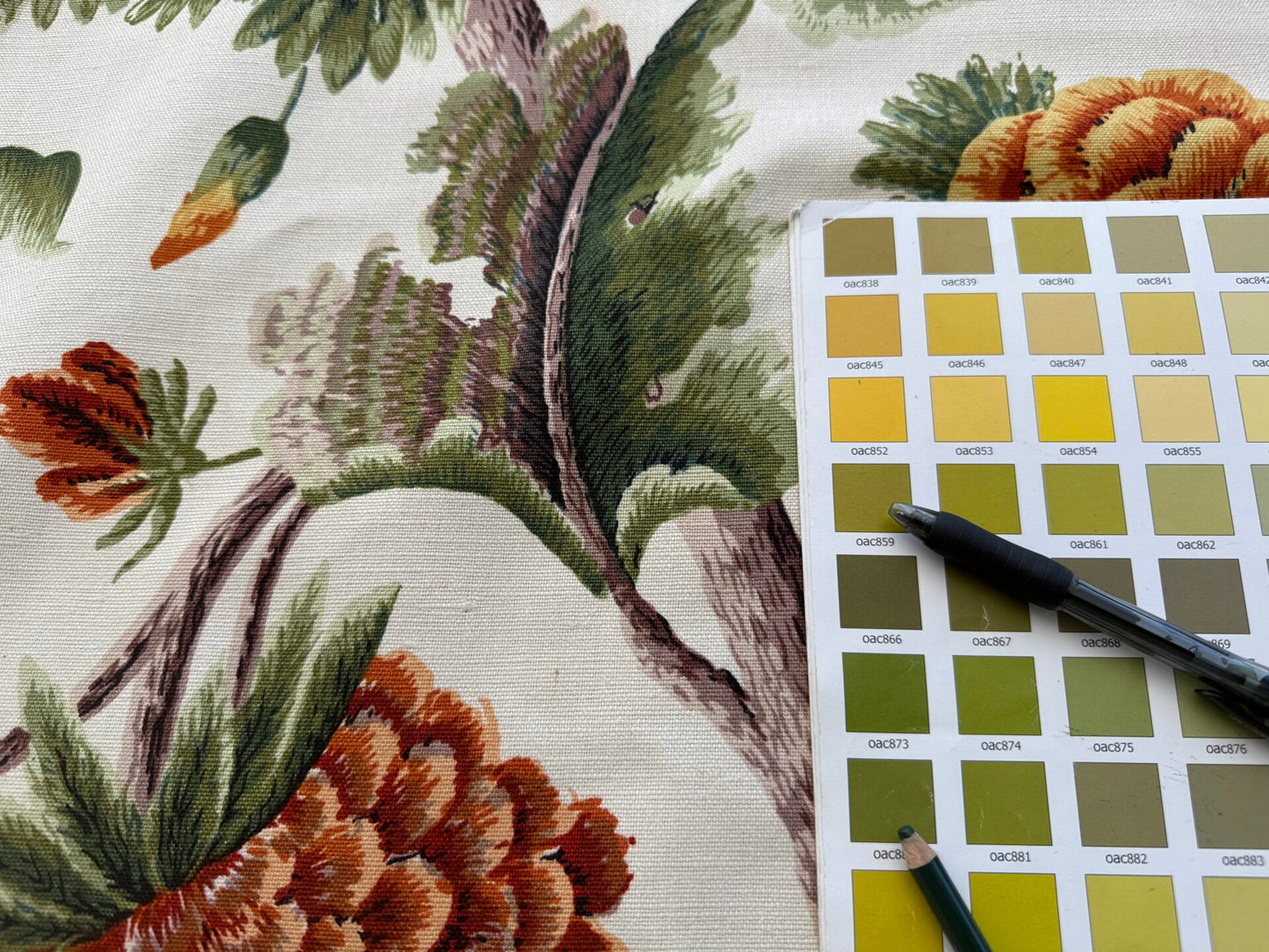 By yard Highlander Historical Chintz print Grand Jacobean Cantalope Orange Red Green Tree of Life Cotton Block Print Made in US MSRP USD298/y