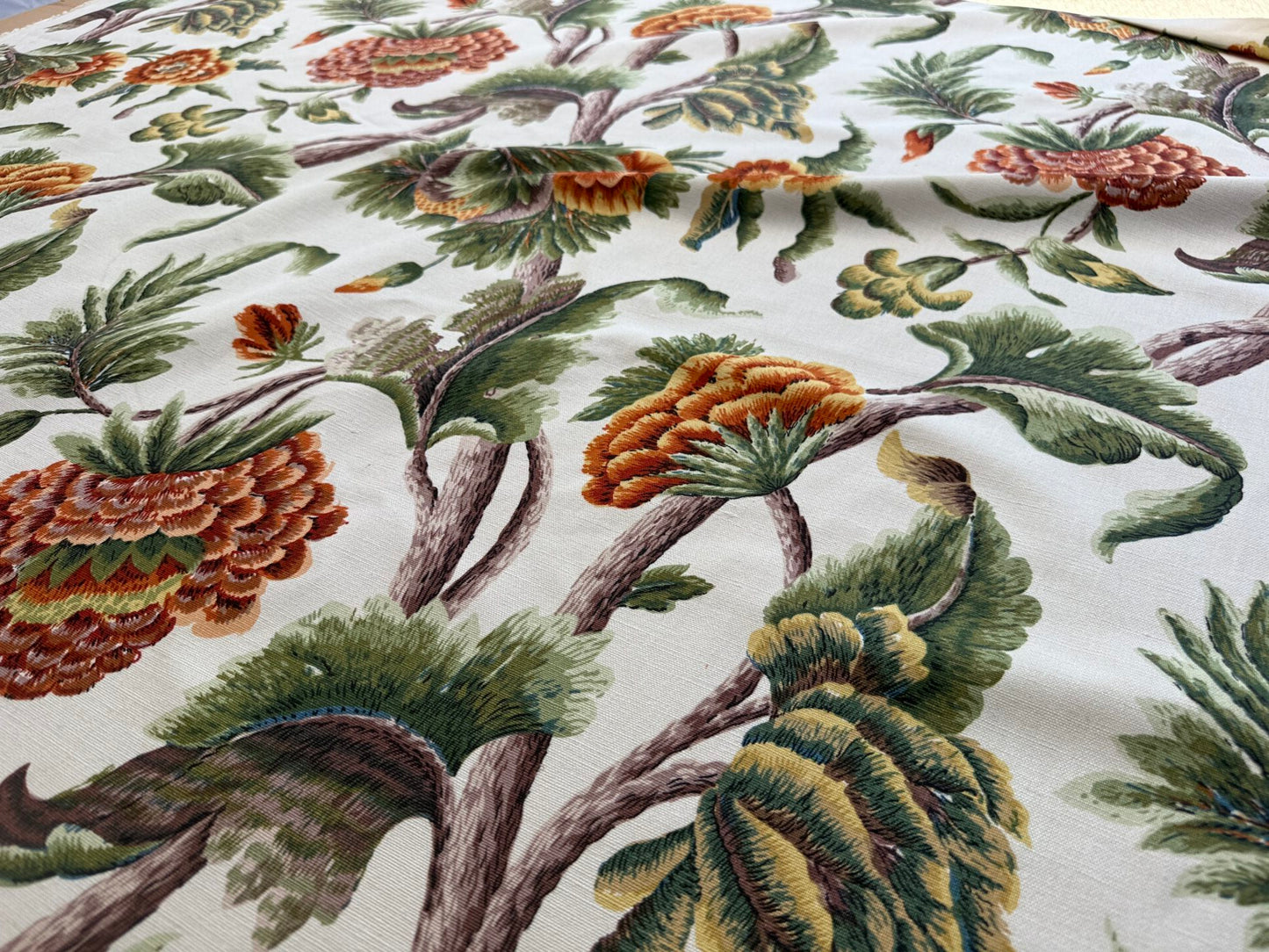 By yard Highlander Historical Chintz print Grand Jacobean Cantalope Orange Red Green Tree of Life Cotton Block Print Made in US MSRP USD298/y