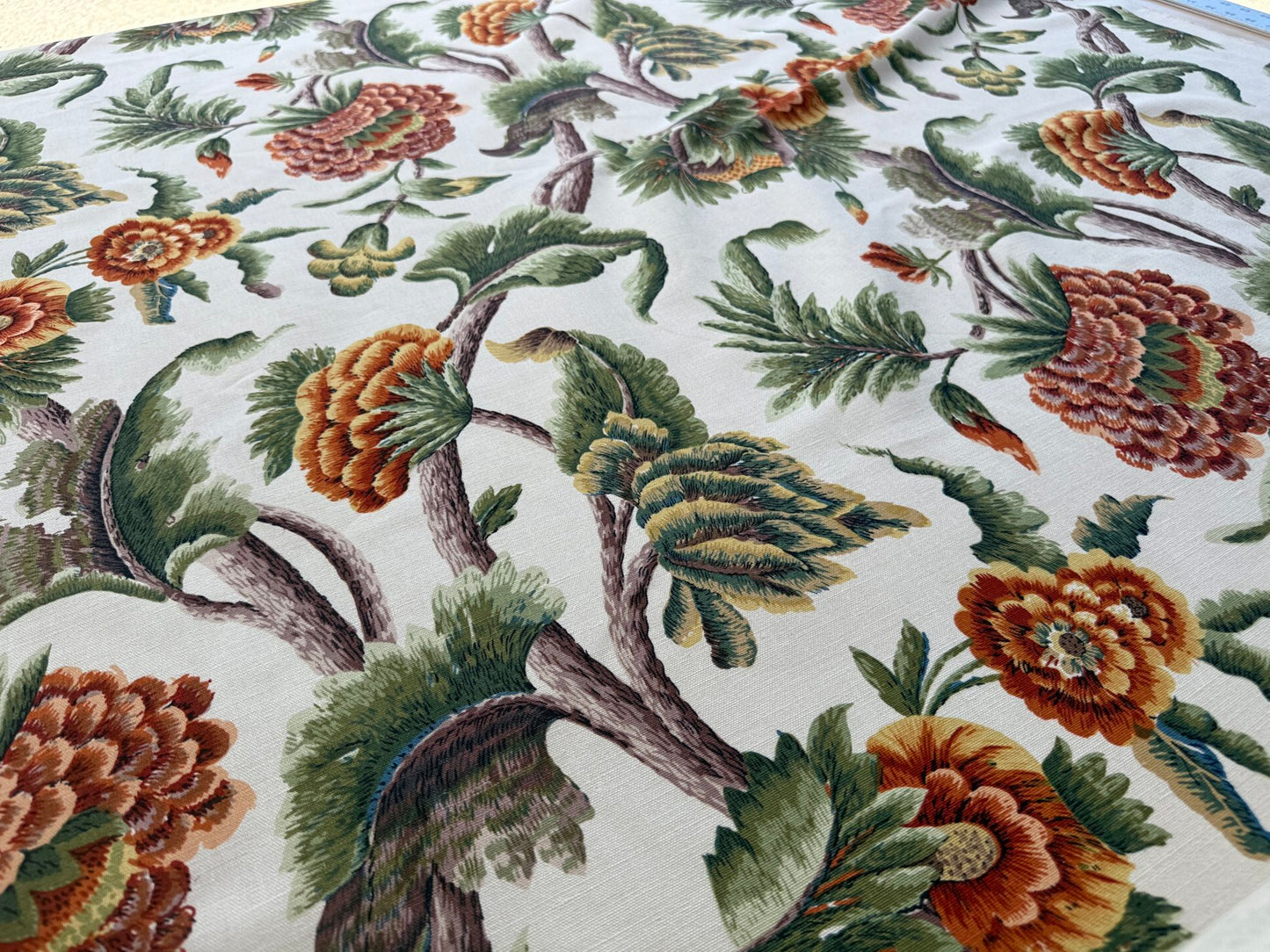 By yard Highlander Historical Chintz print Grand Jacobean Cantalope Orange Red Green Tree of Life Cotton Block Print Made in US MSRP USD298/y