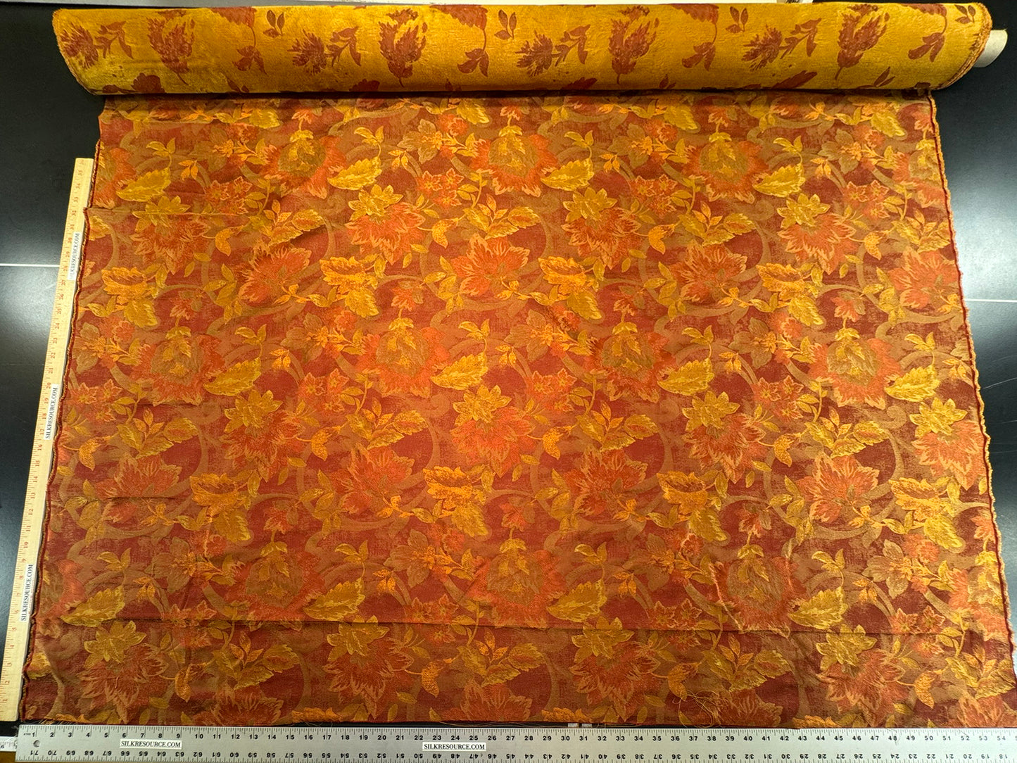 Rm Coco 100% Silk Lampas Autumn Tri-leaf Flower "Brick" Orange Red Gold MSRP USD 199.90/y