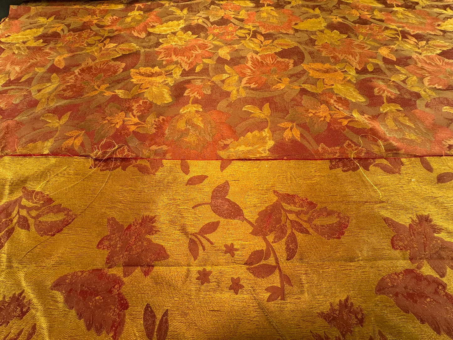 Rm Coco 100% Silk Lampas Autumn Tri-leaf Flower "Brick" Orange Red Gold MSRP USD 199.90/y