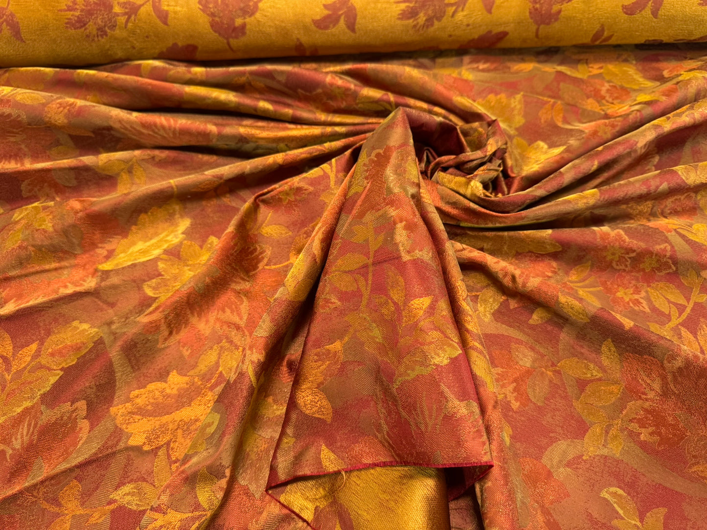 Rm Coco 100% Silk Lampas Autumn Tri-leaf Flower "Brick" Orange Red Gold MSRP USD 199.90/y