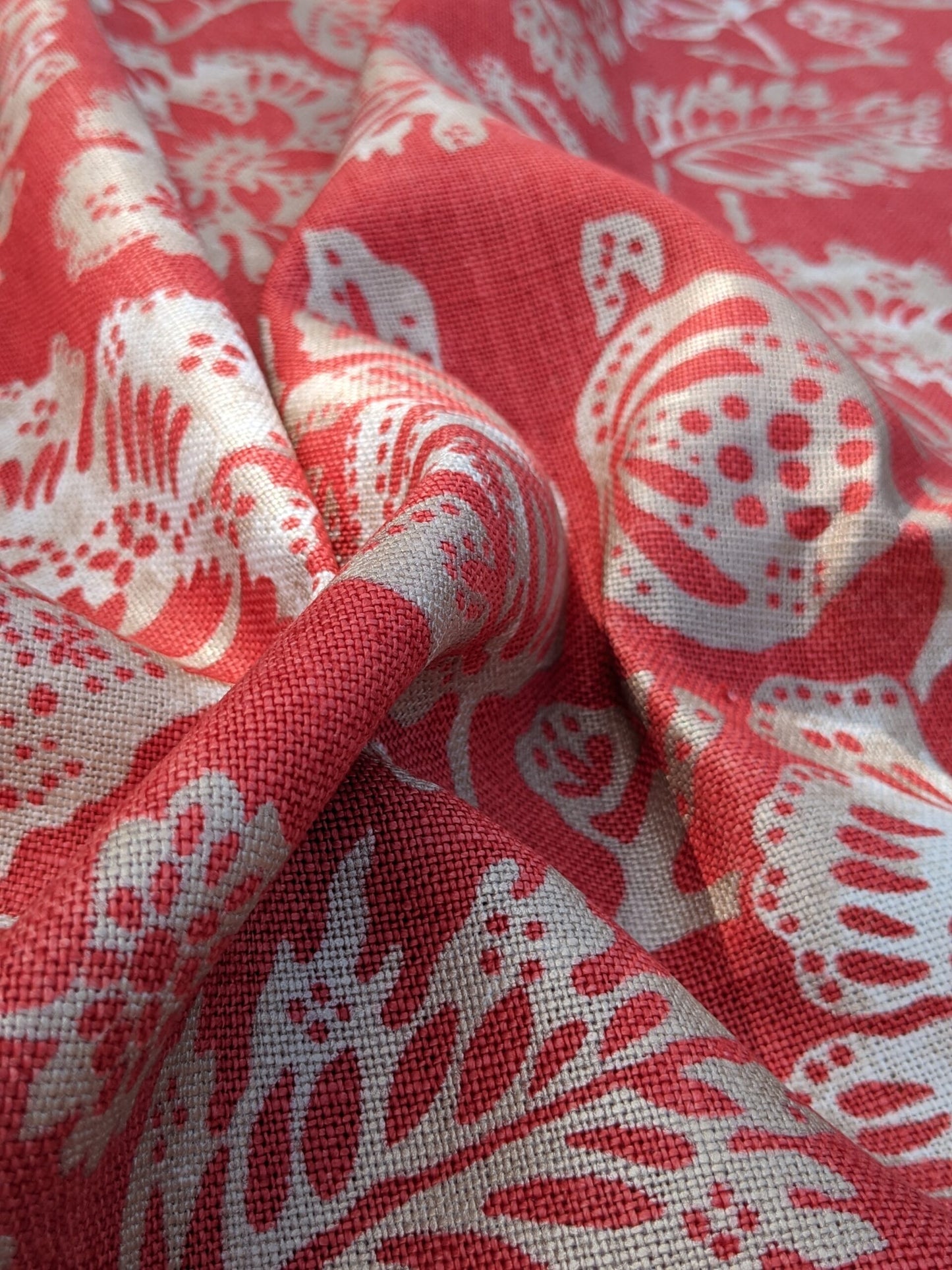 Scalamandre  CALAIS LINEN PRINT in Coral Pink Red Mediterrinan Pomegranite Block Print Heavy Linen MSRP USD300+/y