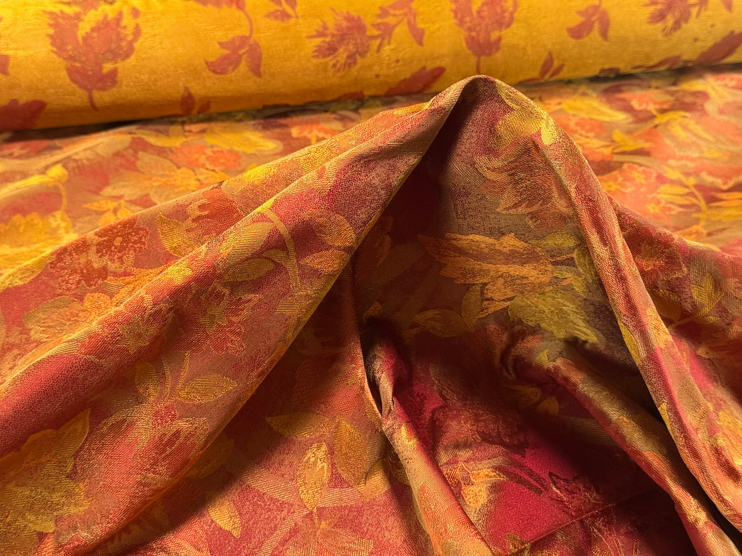 Rm Coco 100% Silk Lampas Autumn Tri-leaf Flower "Brick" Orange Red Gold MSRP USD 199.90/y