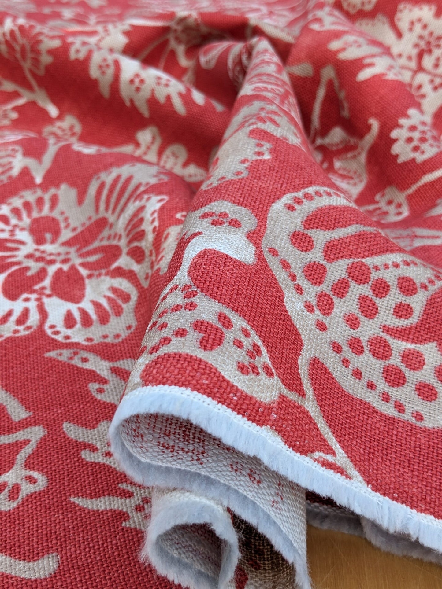 Scalamandre  CALAIS LINEN PRINT in Coral Pink Red Mediterrinan Pomegranite Block Print Heavy Linen MSRP USD300+/y