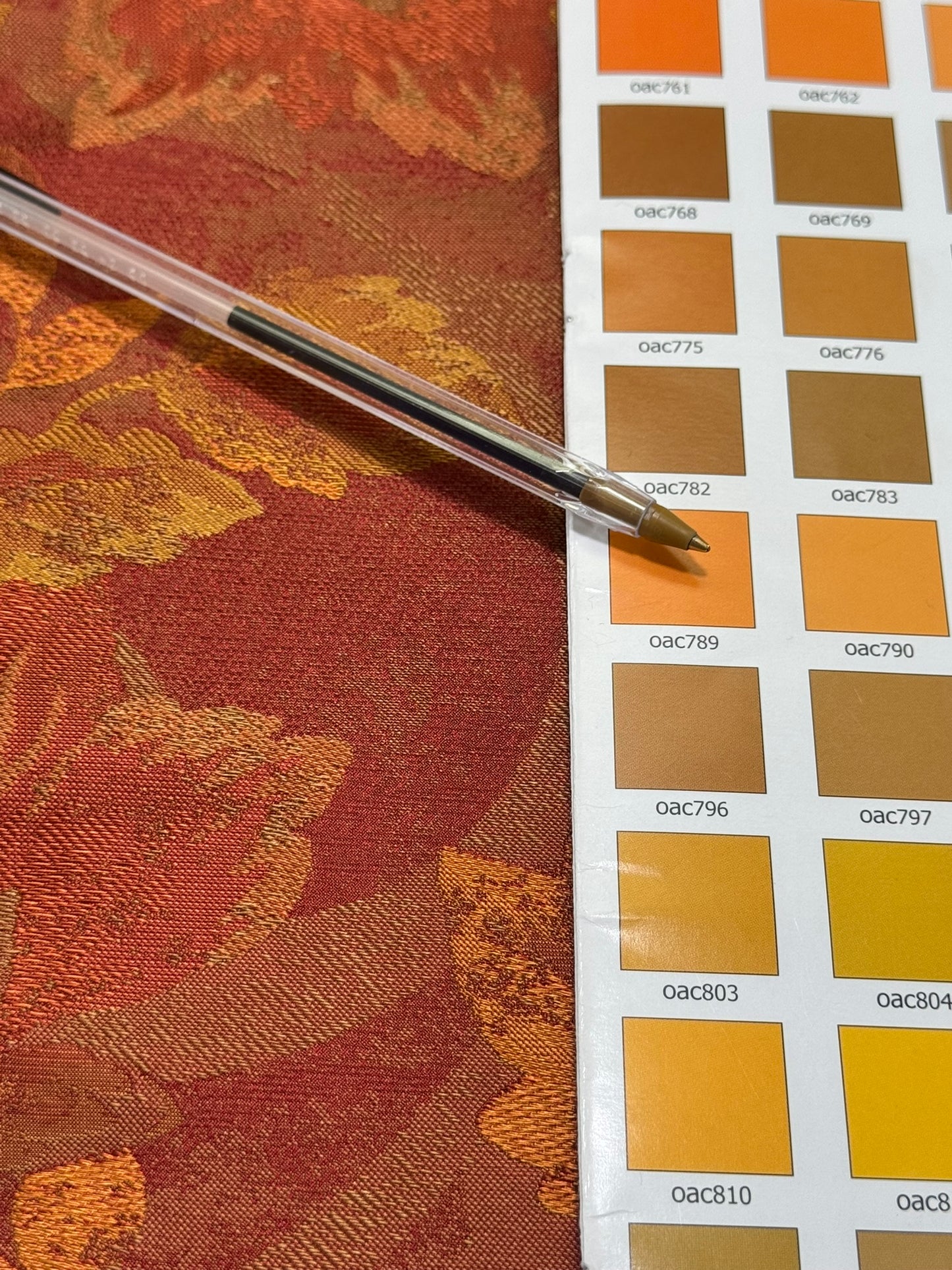 Rm Coco 100% Silk Lampas Autumn Tri-leaf Flower "Brick" Orange Red Gold MSRP USD 199.90/y