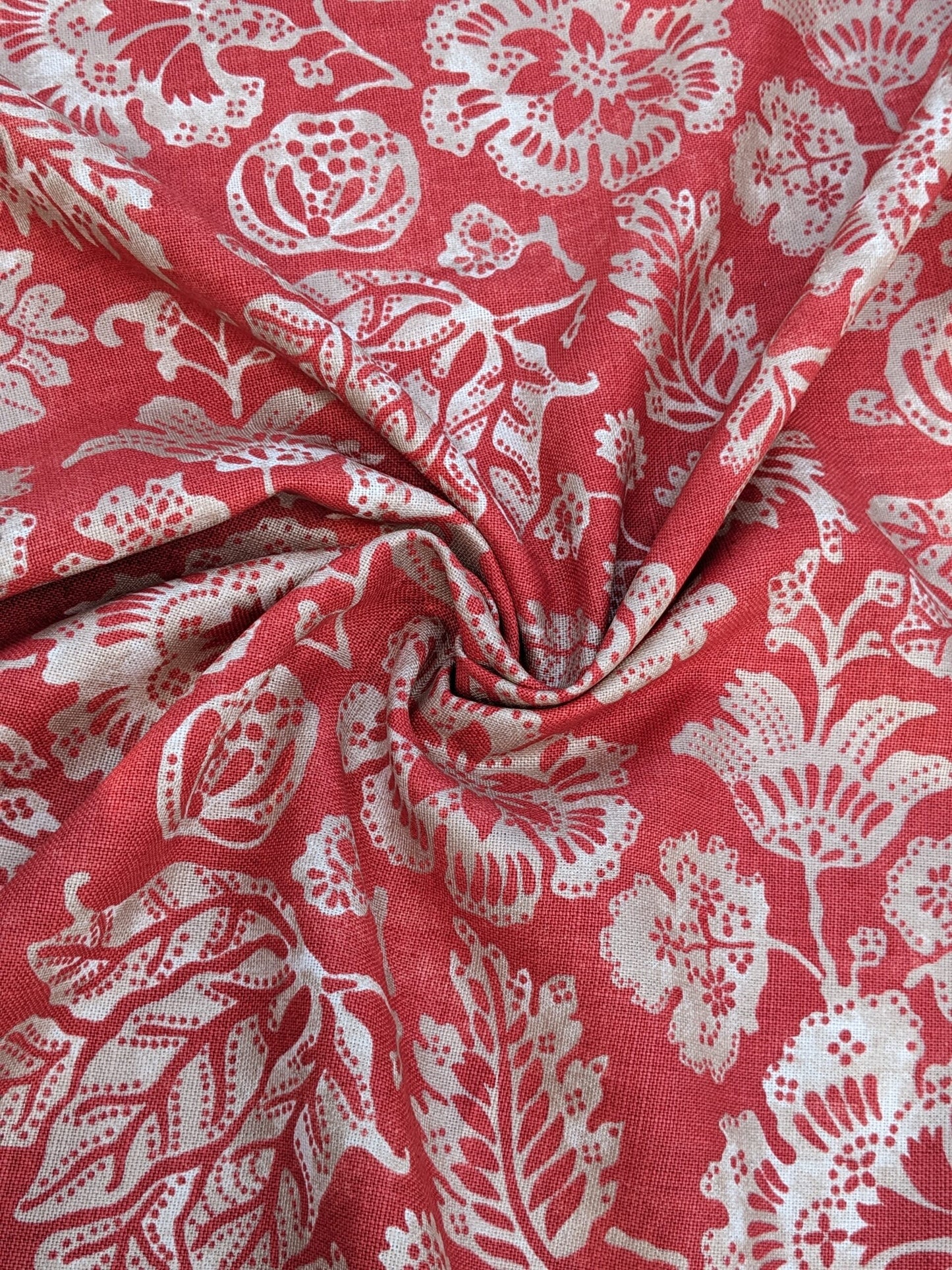 Scalamandre  CALAIS LINEN PRINT in Coral Pink Red Mediterrinan Pomegranite Block Print Heavy Linen MSRP USD300+/y