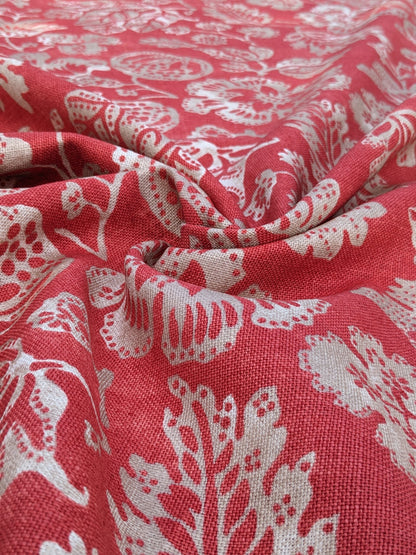 Scalamandre  CALAIS LINEN PRINT in Coral Pink Red Mediterrinan Pomegranite Block Print Heavy Linen MSRP USD300+/y
