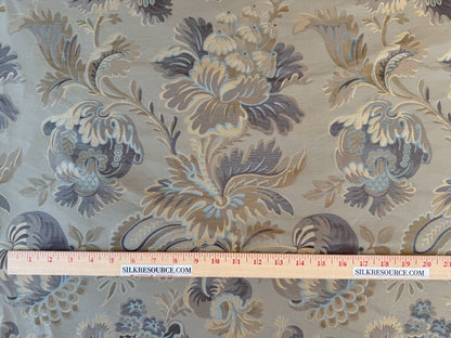 By yard 100% Silk Lampas French Pomegranate "whiskey" Blue Tan Gold Historical Design