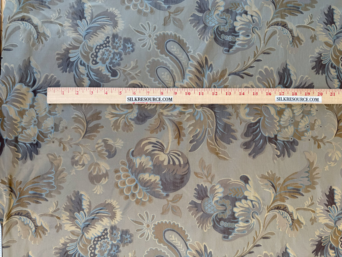 By yard 100% Silk Lampas French Pomegranate "whiskey" Blue Tan Gold Historical Design