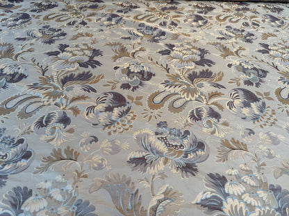 By yard 100% Silk Lampas French Pomegranate "whiskey" Blue Tan Gold Historical Design