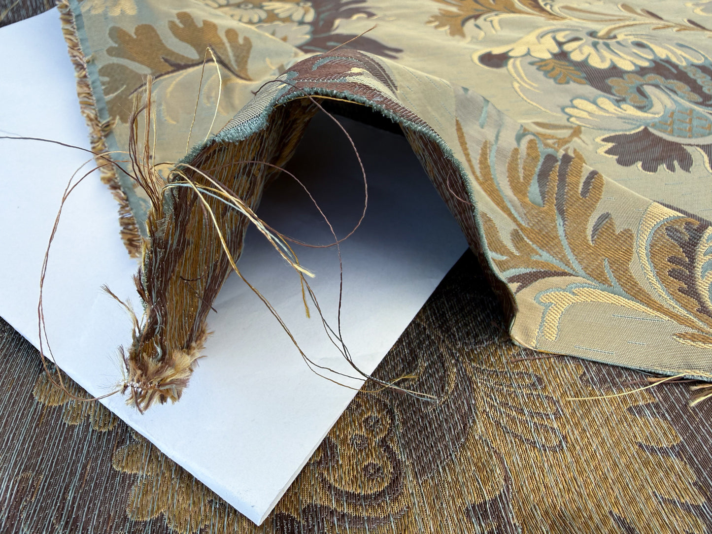 By yard 100% Silk Lampas French Pomegranate "whiskey" Blue Tan Gold Historical Design