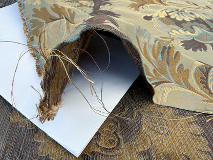 By yard 100% Silk Lampas French Pomegranate "whiskey" Blue Tan Gold Historical Design