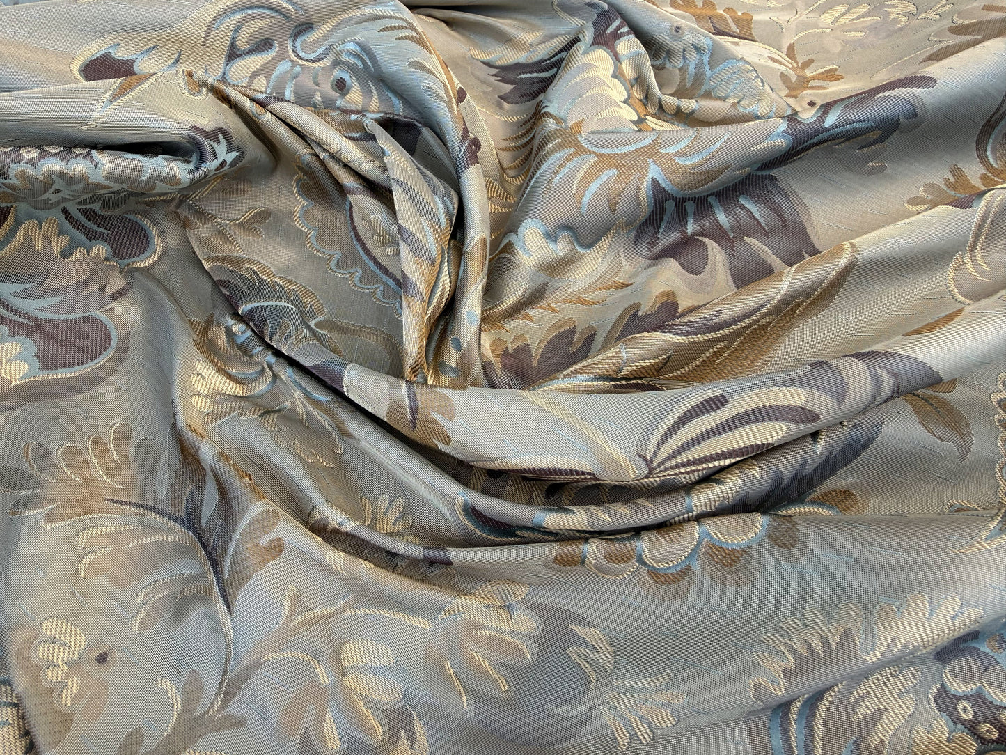 By yard 100% Silk Lampas French Pomegranate "whiskey" Blue Tan Gold Historical Design