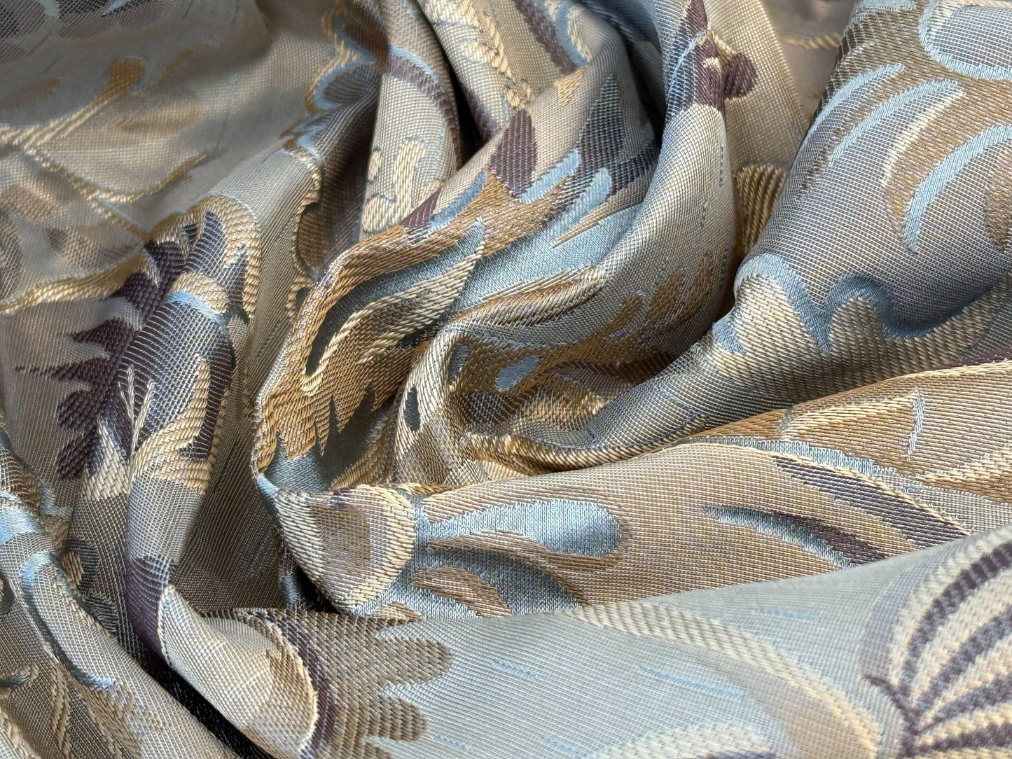 By yard 100% Silk Lampas French Pomegranate "whiskey" Blue Tan Gold Historical Design