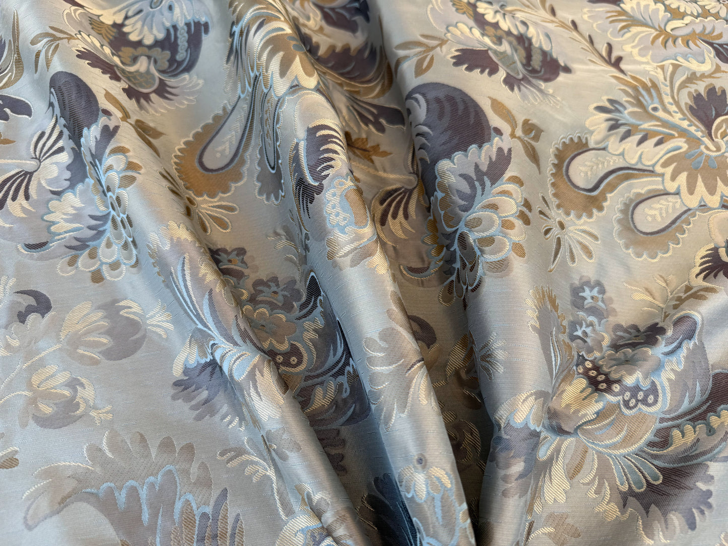 By yard 100% Silk Lampas French Pomegranate "whiskey" Blue Tan Gold Historical Design