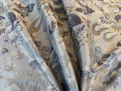 By yard 100% Silk Lampas French Pomegranate "whiskey" Blue Tan Gold Historical Design