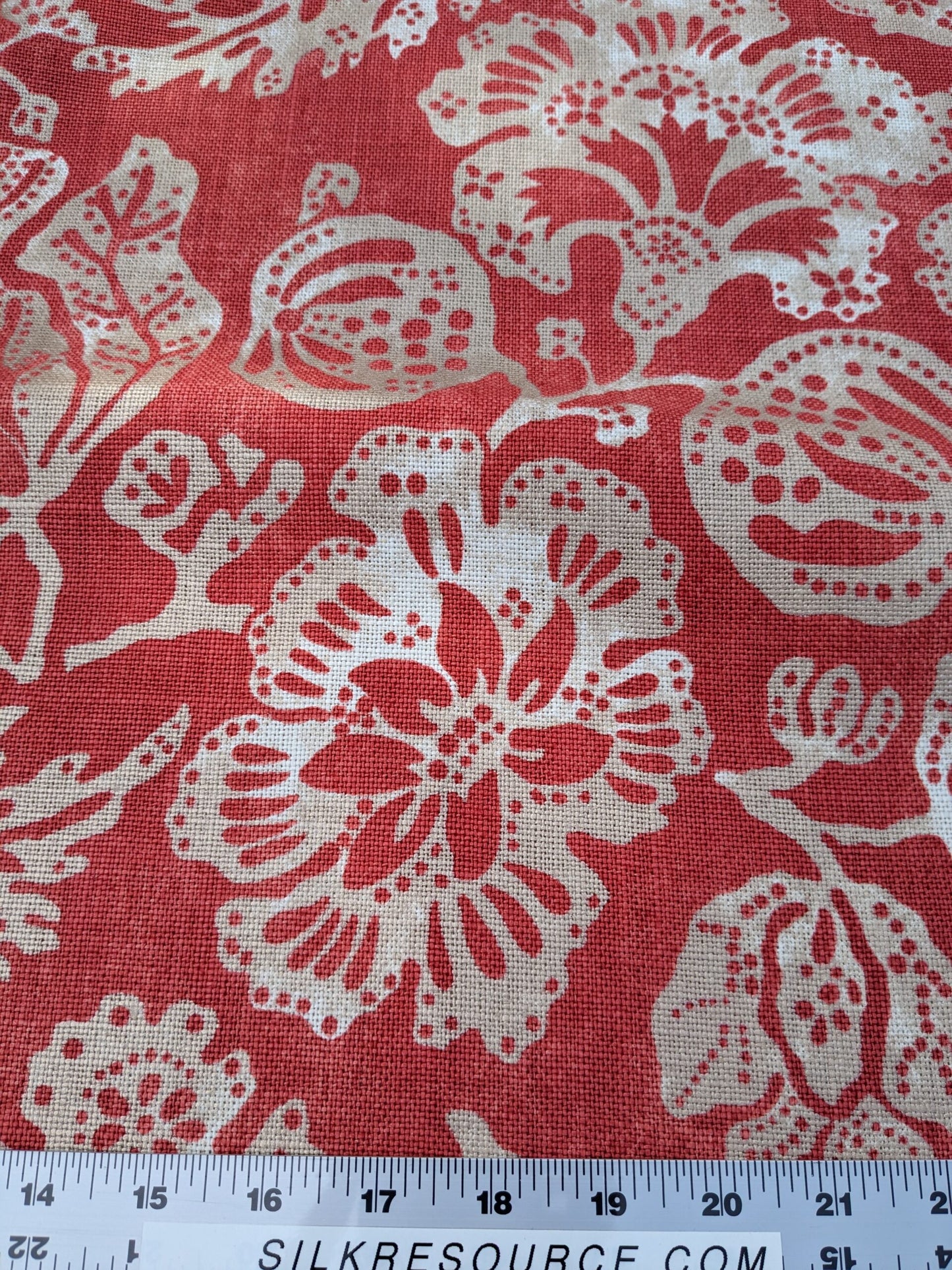 Scalamandre  CALAIS LINEN PRINT in Coral Pink Red Mediterrinan Pomegranite Block Print Heavy Linen MSRP USD300+/y