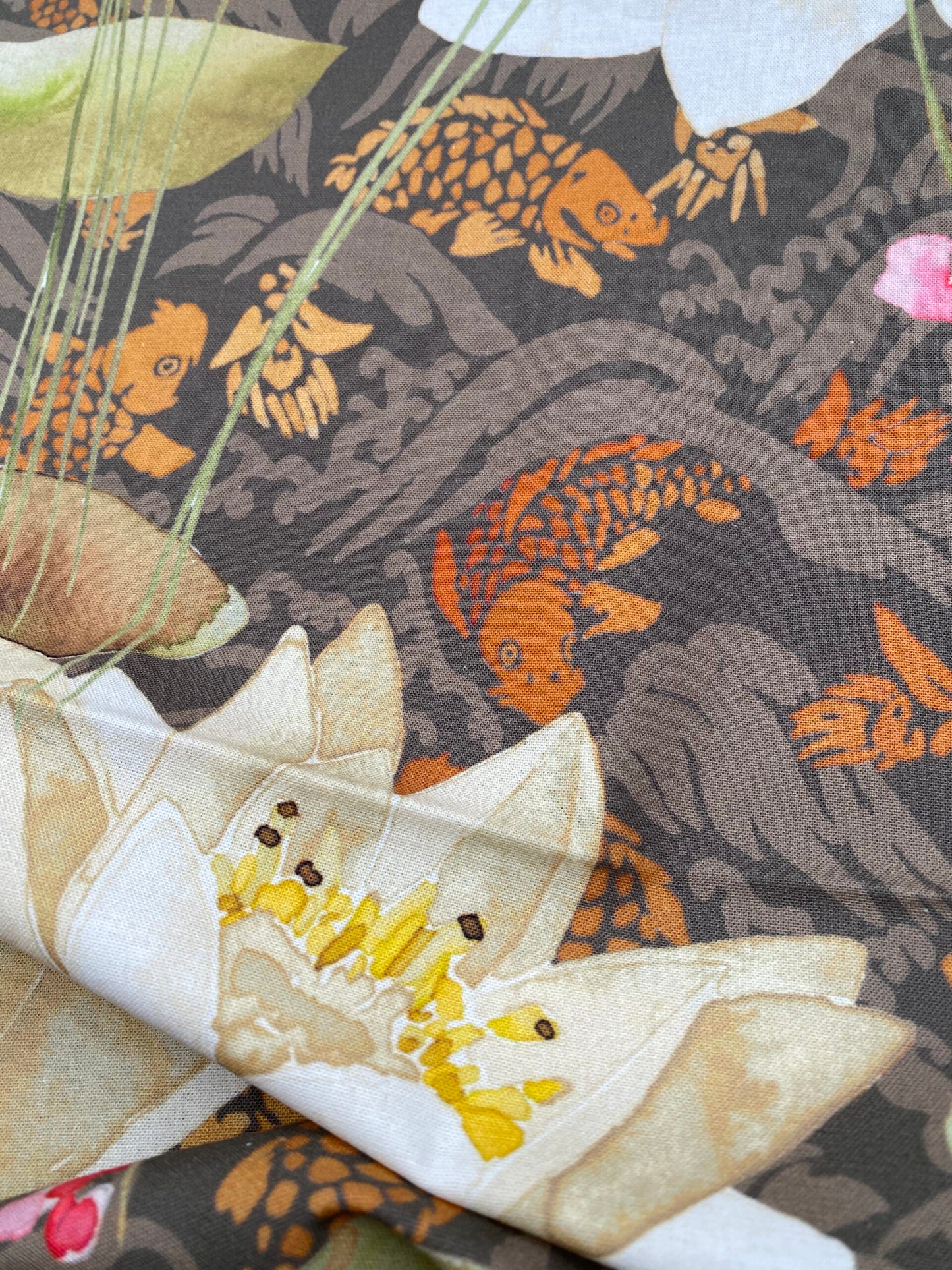 14 Berkbox77 Square Printed Fabrics by  Nenuphar Brown/Multi Lotus Pond Koi Fish Cotton 1yd x 26" MSRP USD196/y