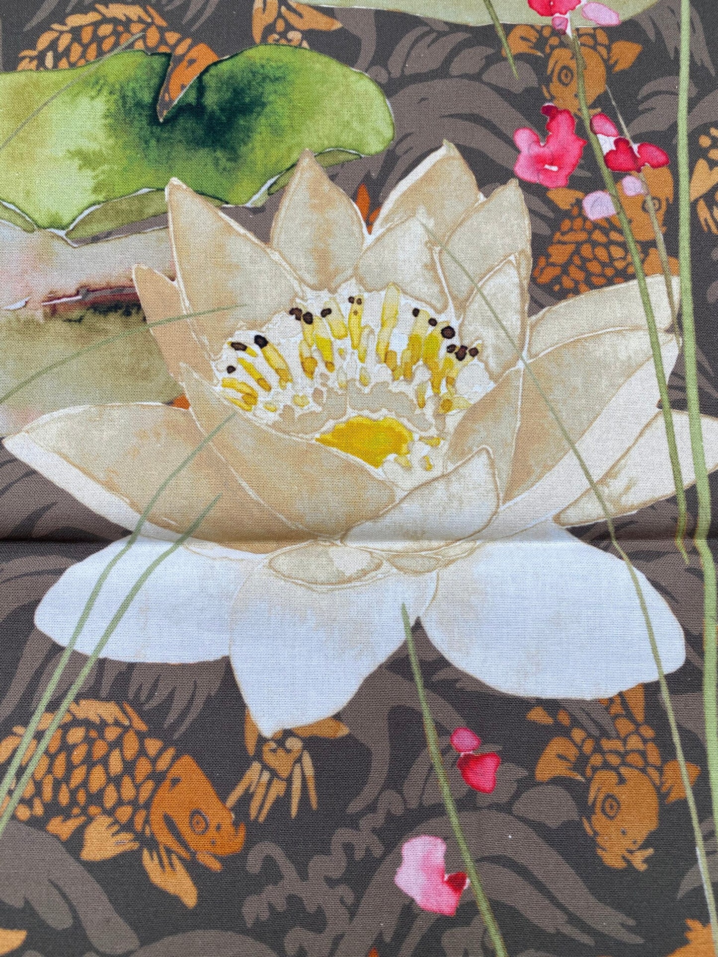 14 Berkbox77 Square Printed Fabrics by  Nenuphar Brown/Multi Lotus Pond Koi Fish Cotton 1yd x 26" MSRP USD196/y