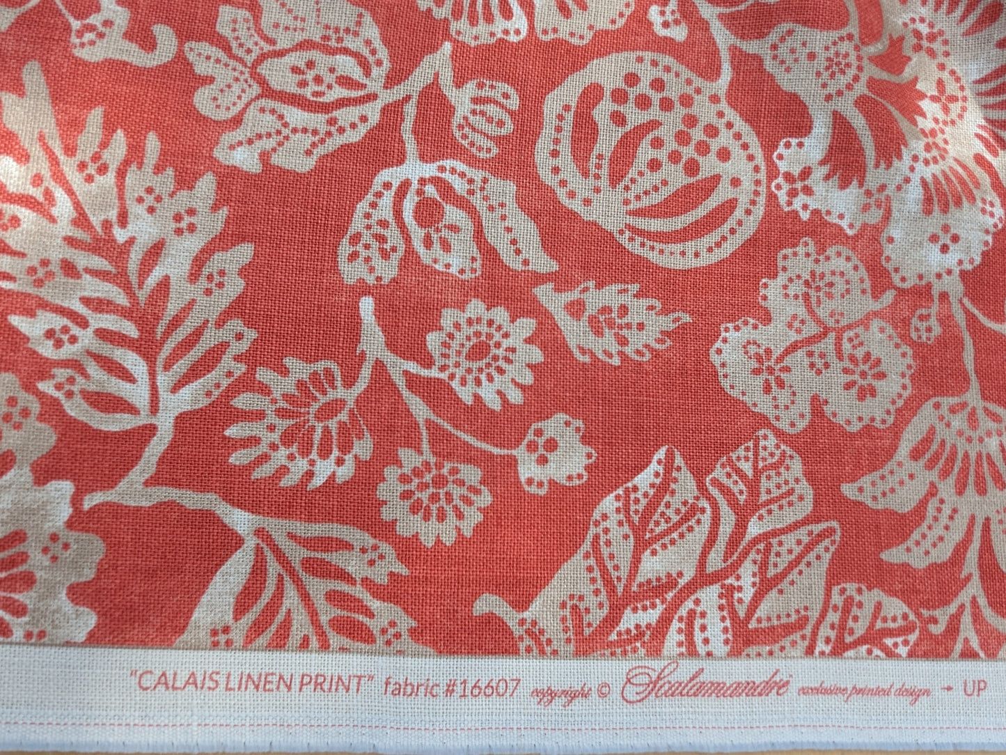 Scalamandre  CALAIS LINEN PRINT in Coral Pink Red Mediterrinan Pomegranite Block Print Heavy Linen MSRP USD300+/y