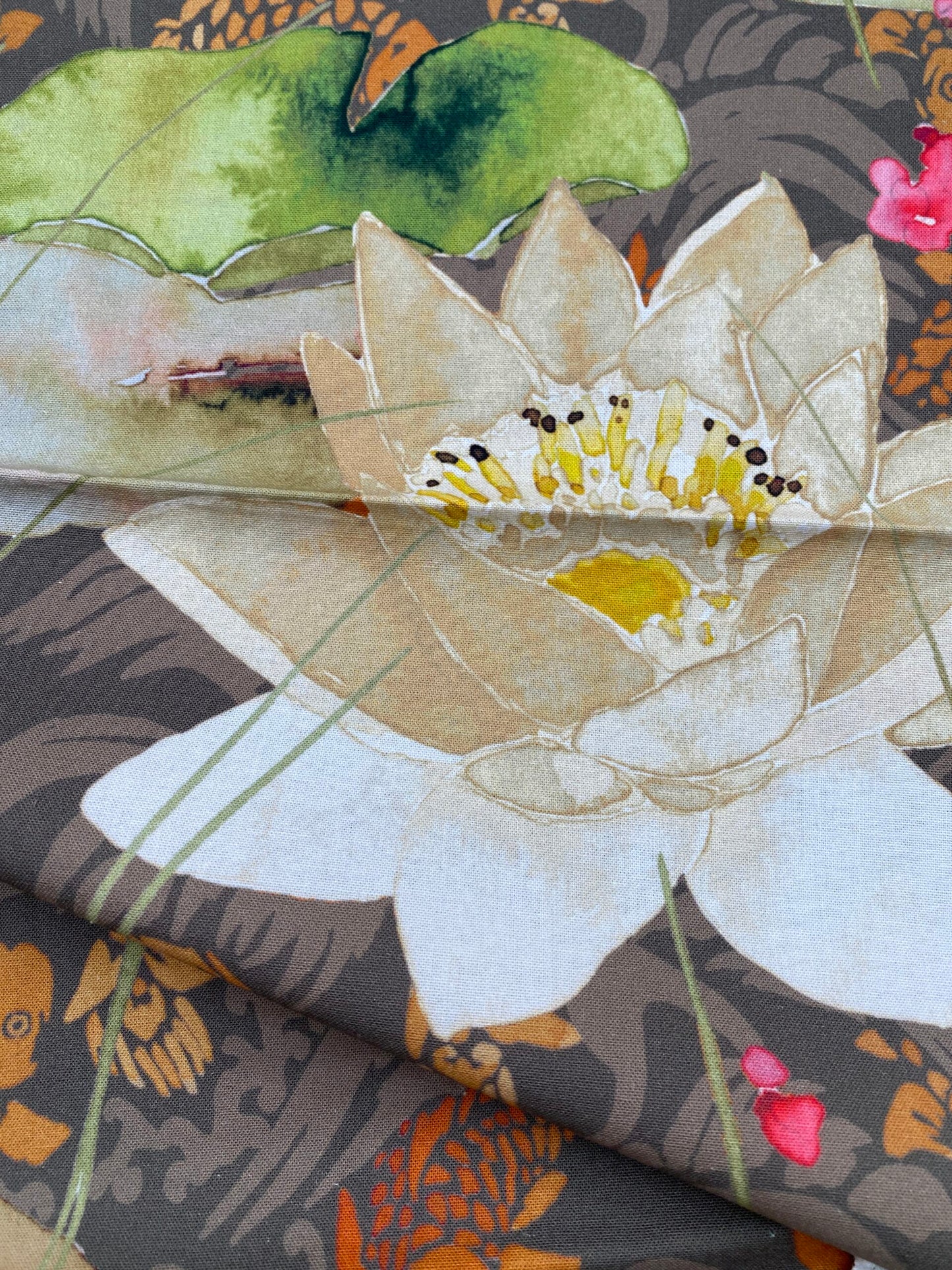15 Berkbox77 Square Printed Fabrics by  Nenuphar Brown/Multi Lotus Pond Koi Fish Cotton 1yd x 26" MSRP USD196/y