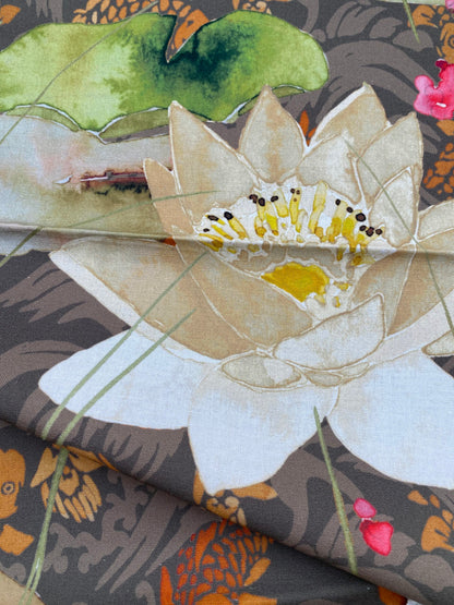 15 Berkbox77 Square Printed Fabrics by  Nenuphar Brown/Multi Lotus Pond Koi Fish Cotton 1yd x 26" MSRP USD196/y