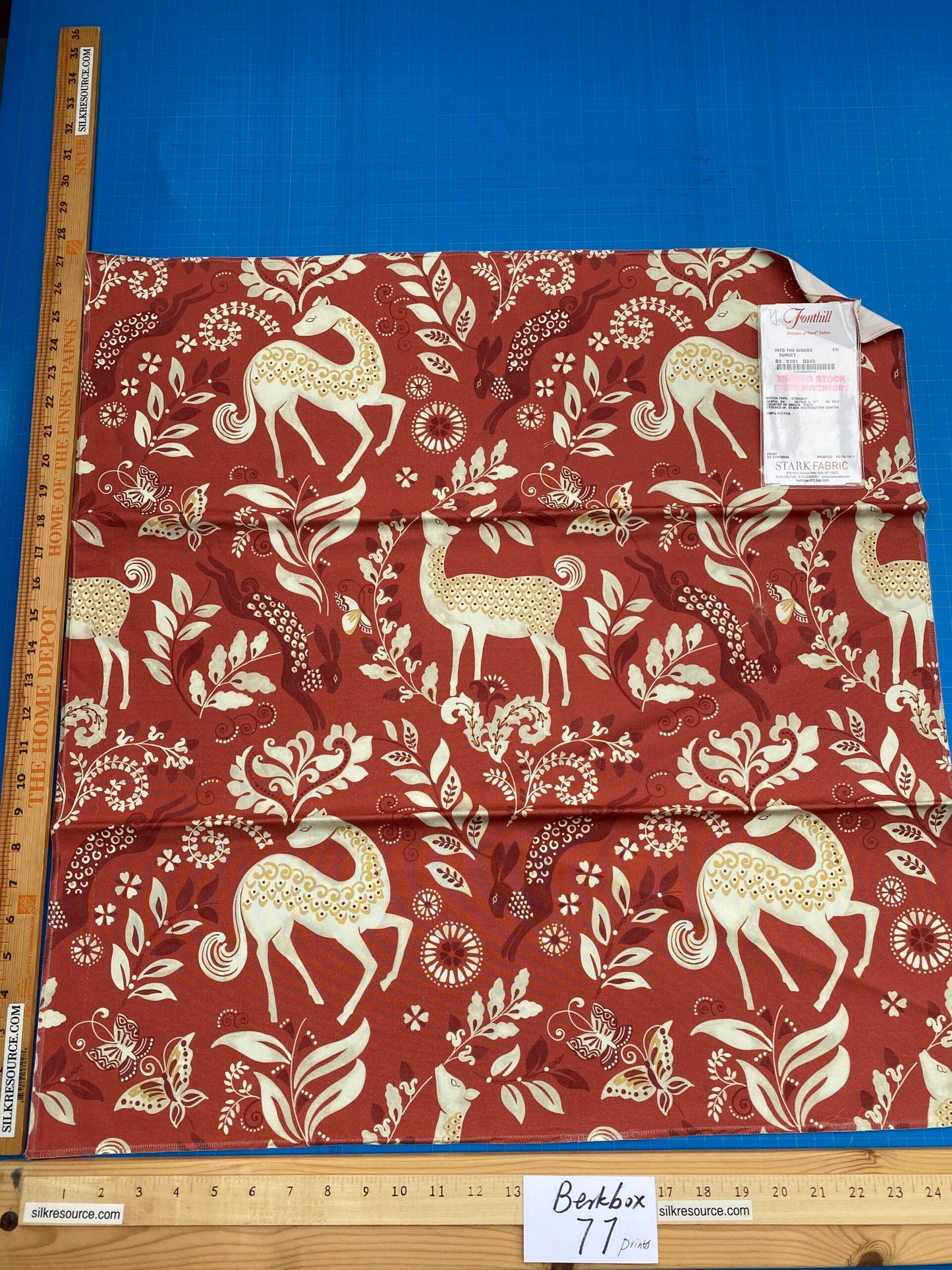 16 Berkbox77 Square Printed Fabrics by Fonthill Into the Woods Sunset Red Beige Deer Rabbit Hare Horse Cotton MSRP USD 204/Y