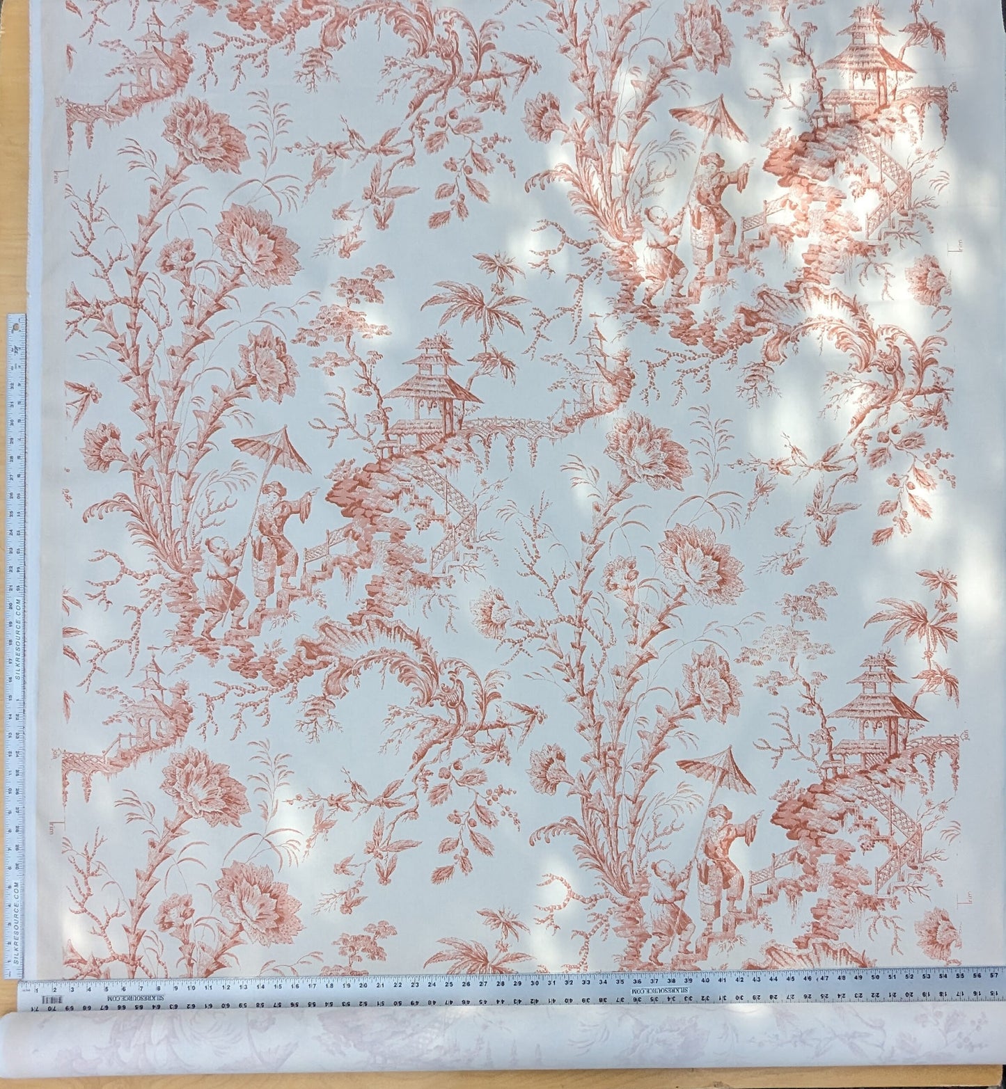 Scalamandre  Pillement in Coral Chinoiserie Toile Print Cotton Pink Red White Landscape Pagoda Jean-Baptiste Pillement MSRP USD 300+/y
