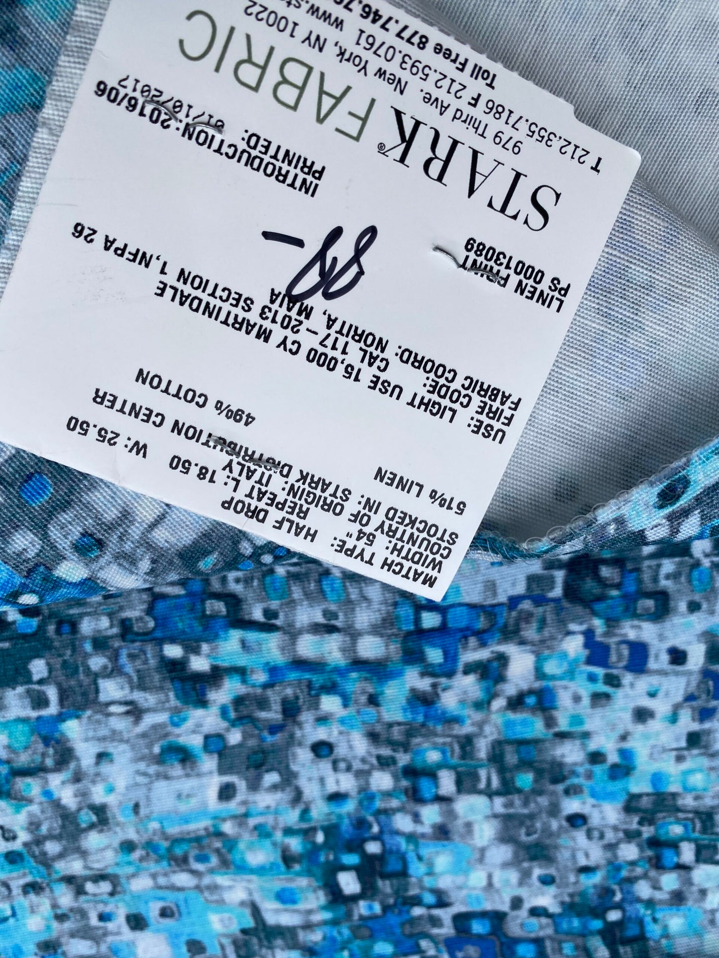 18 Berkbox77 Square Printed Fabrics by Grey Watkins Anantara Reef Blue Marine Abstract Linen Cotton 34" x 25" MSRP USD 318/Y