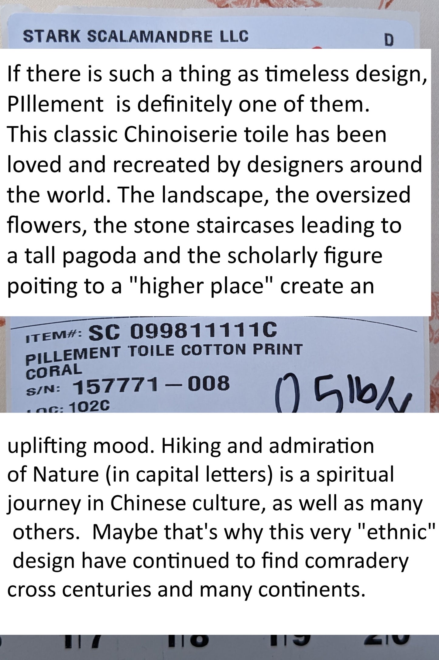 Scalamandre  Pillement in Coral Chinoiserie Toile Print Cotton Pink Red White Landscape Pagoda Jean-Baptiste Pillement MSRP USD 300+/y