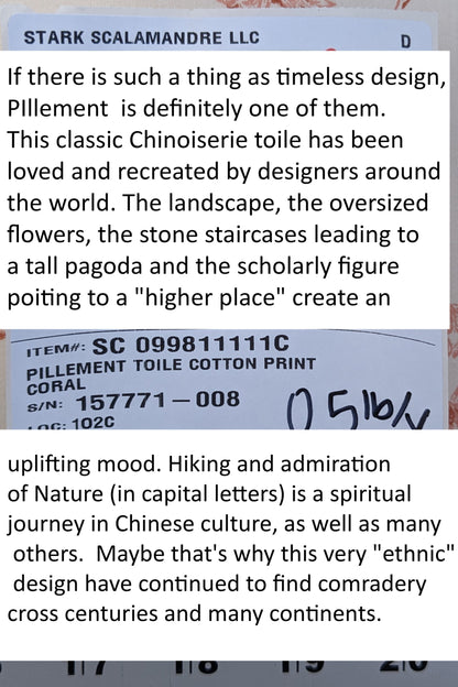 Scalamandre  Pillement in Coral Chinoiserie Toile Print Cotton Pink Red White Landscape Pagoda Jean-Baptiste Pillement MSRP USD 300+/y